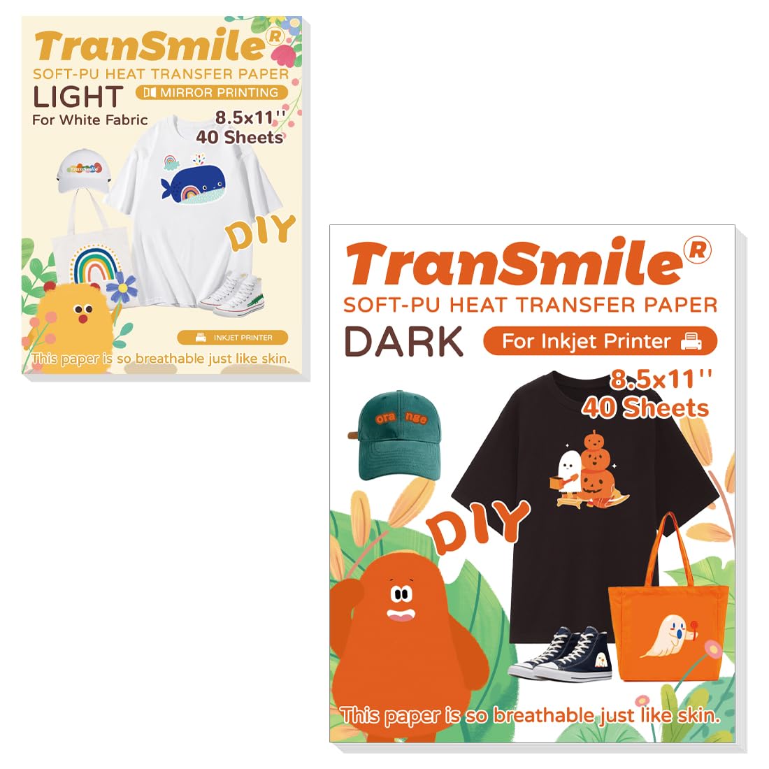 TranSmile Printable Heat Transfer Vinyl for Dark Fabrics (40 Sheets, 8.5 x 11'')&PU-Heat Transfer Paper for White T Shirts (40 Sheets, 8.5 x 11'')
