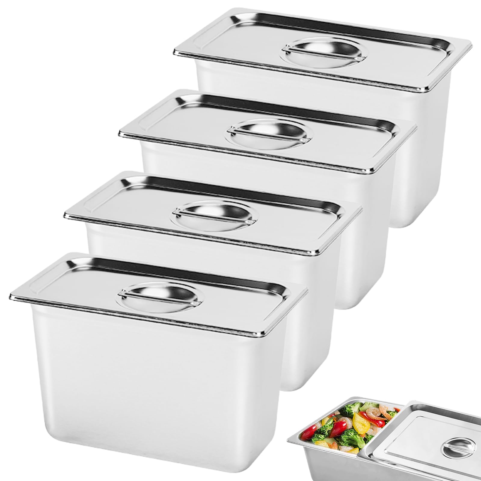 Juego de 4 recipientes de acero inoxidable con tapa, GN 1/9 (17,5 x 11 x 10 cm) – Juego de bandejas para catering, buffet, chuletas, carne y pescado, juego de recipientes gastronorm de metal