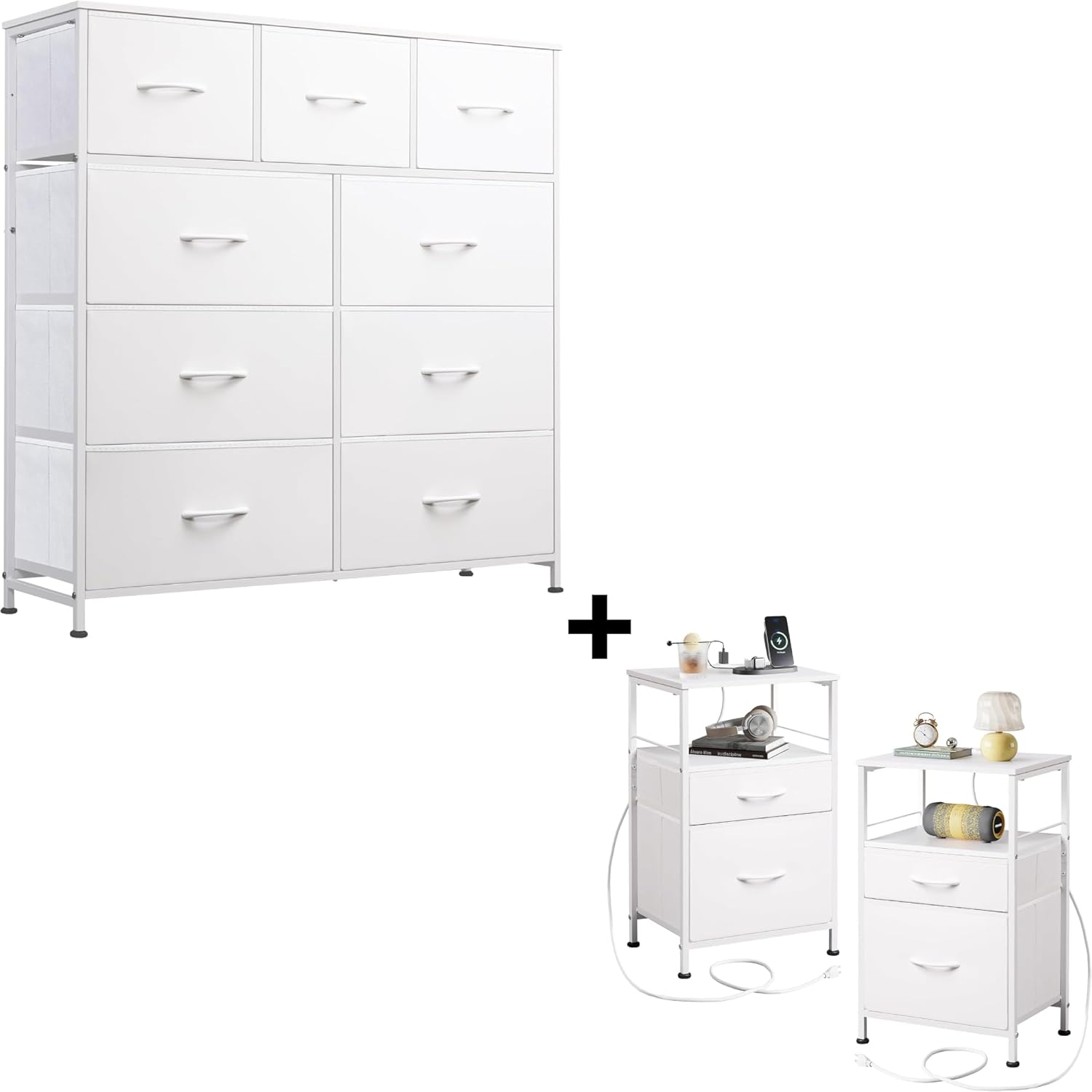 WLIVE 9-Drawer Dresser & Nightstands for Bedroom Set of 2, Organizer Unit for Bedroom with Fabric Bins, Steel Frame, Wood Top, Easy Pull Handle, White