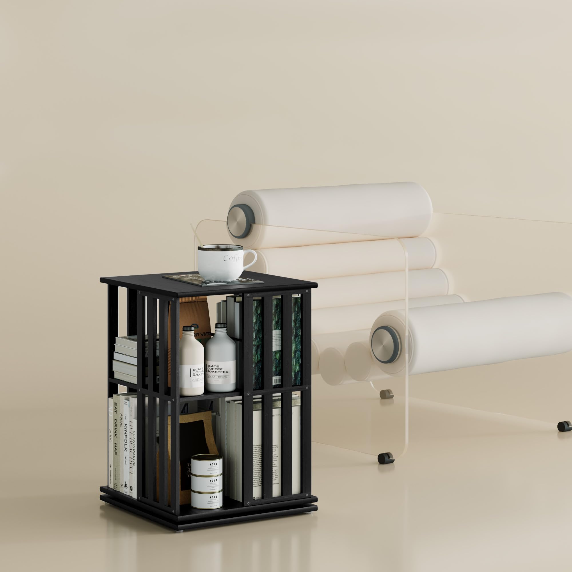 YOWOS Rotating Bookshelf Tower, 360 Display Spinning Bookcase, Bamboo Bookshelf Floor Standing Storage Rack, Wood Narrow Book Shelf Organizer for Kids