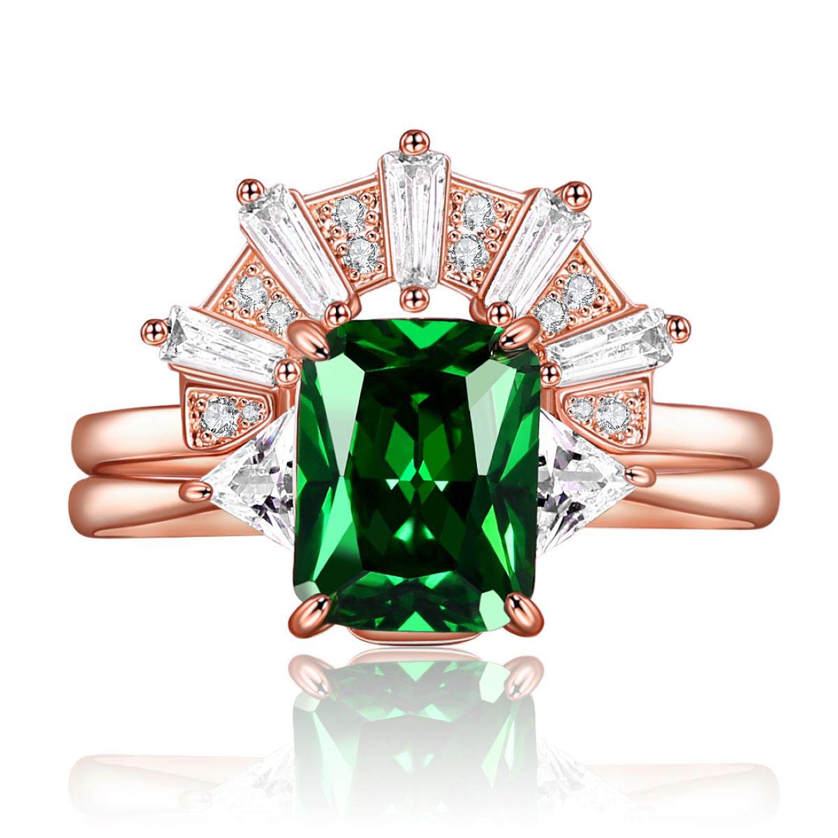 JIANGYUE Emerald Green Cubic Zirconia Stackable Statement Rings for Women Rose Gold White Crown Wedding Rings Set Mother's Day Jewelry Gift Size 5 6 7