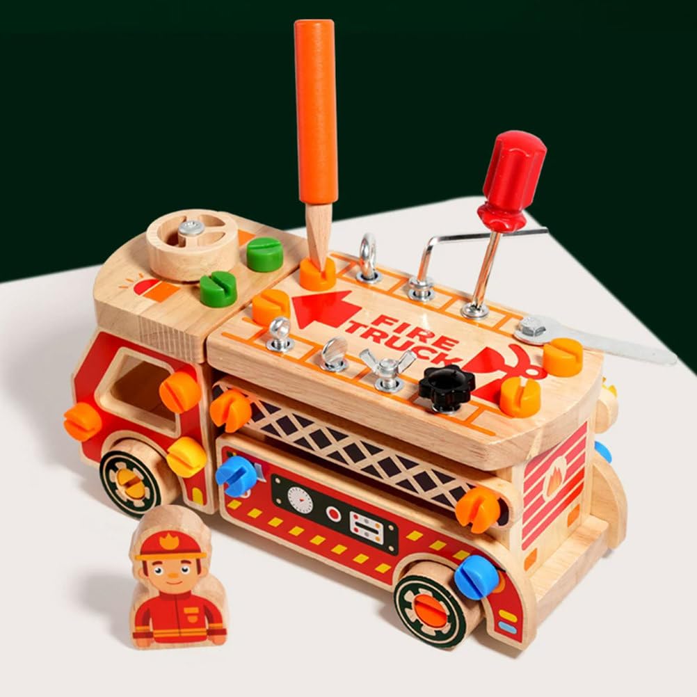 Camión de Bomberos de Madera Montessori para Desmontar | Bloques Construcción Multifuncionales Ensamblaje Desensamblaje Tuercas, Vehículo Construcción con Destornillador