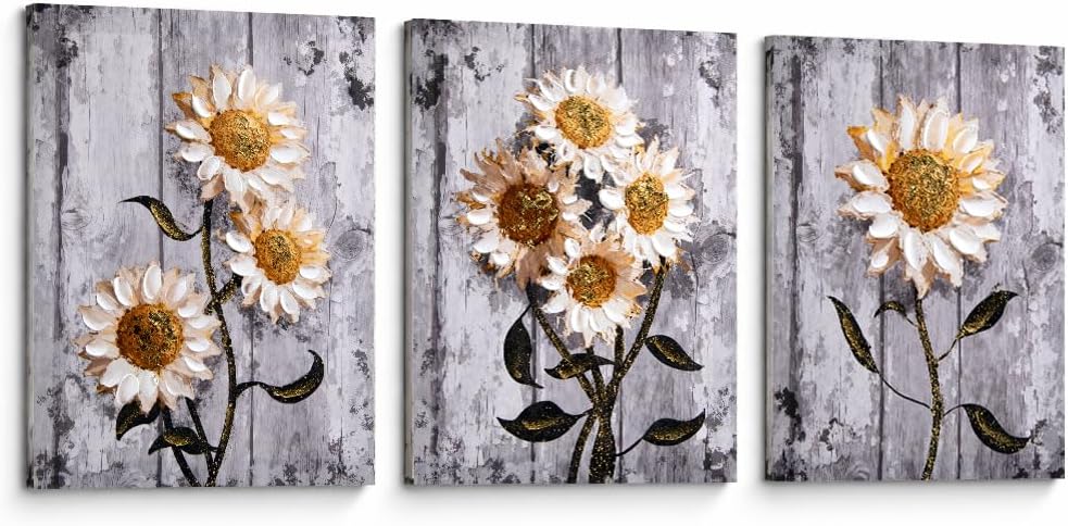 Artiluxy Set of 3 Sunflower Canvas Wall Art, 12x16 Inch Textured Farmhouse Floral Prints with Palette Knife Accents on Stretched Canvas