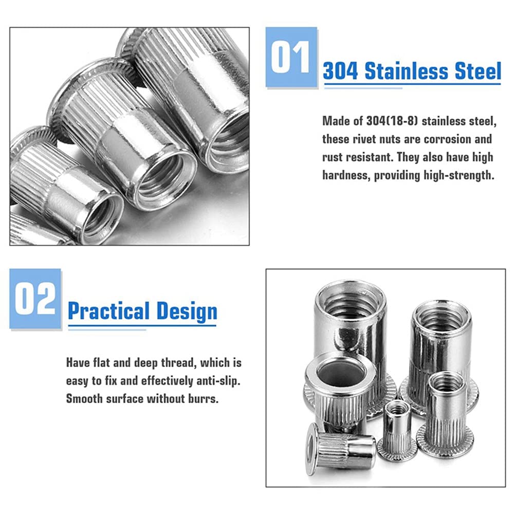 BORNTUN 200PCS 304 Stainless Steel Rivet nut Anti-Rust Rivet nut Flat Head Powerful Rivet nut Series Multi-Specification Rivet nut kit M3/M4/M5/M6/M8/M10
