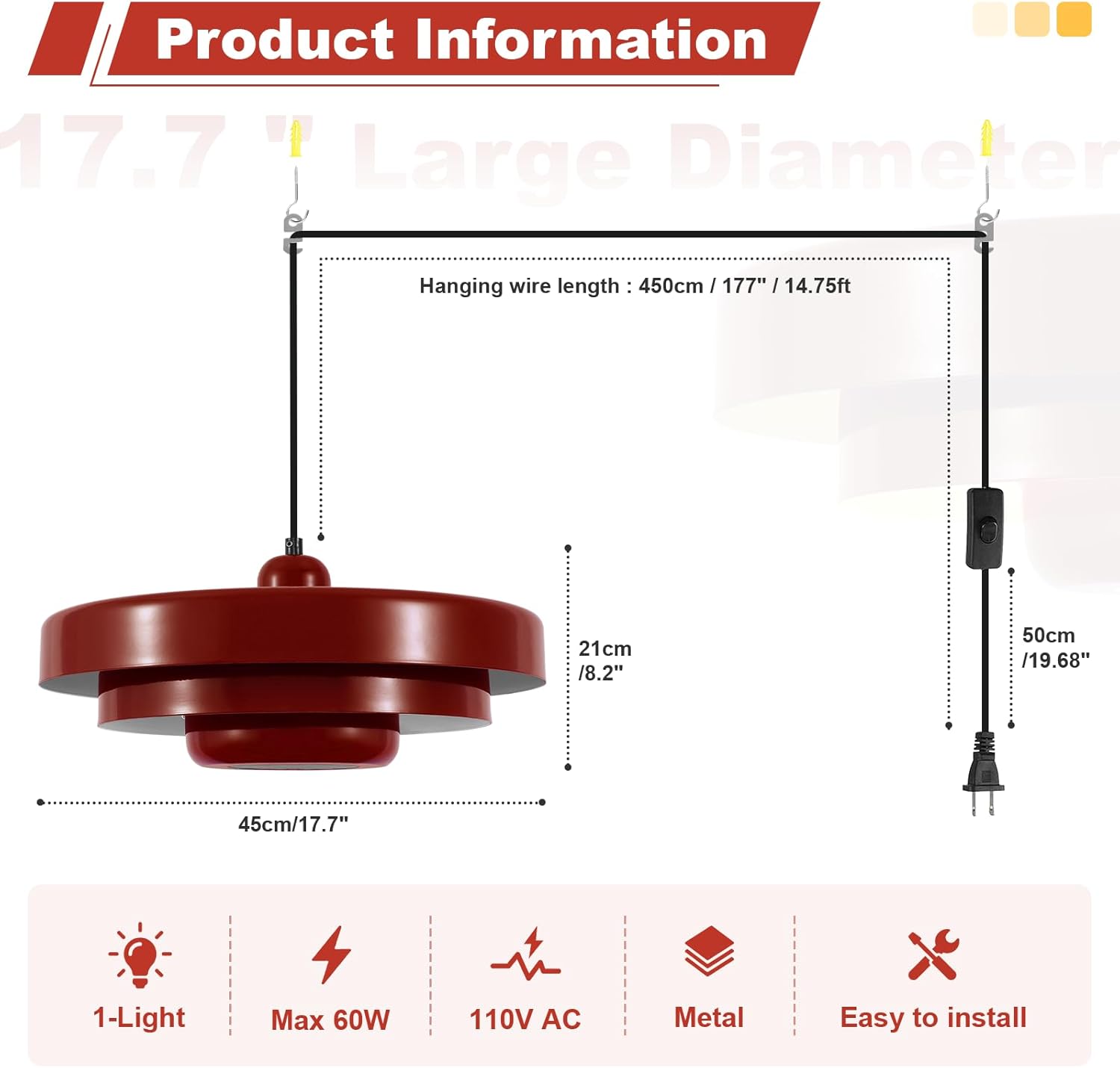 Industrial Red Hanging Pendant Light with 14.75ft Adjustable Cord, 3-Layer Metal Lampshade, E26 Base, Farmhouse Sink Lighting for Kitchen Island Dining Room Bedroom (Bulbs Not Included)