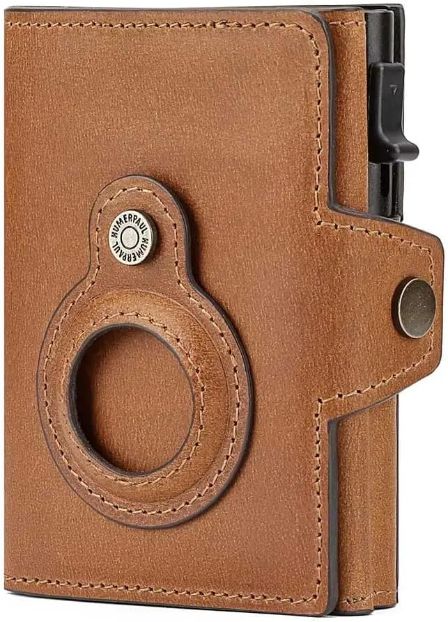 Crazy Horse Leather RFID Tracker Wallet – Aluminum Pop Up Credit Card Holder Cowhide Wallet with Holder for AirTag, Coin Pocket, Card Case, Minimalist Slim Design with Zip (Brown)