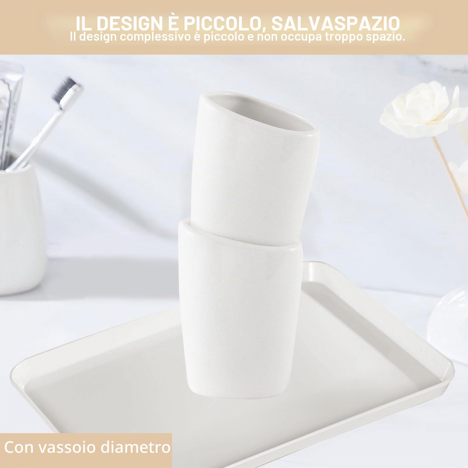 Set Bagno Accessori Completo in Ceramica, 6 Pezzi Set Accessori Bagno Moderno Include Dispenser di Sapone, Portaspazzolino, Coppetta per Collutorio, Scatola per Sapone e Vassoio, Bianco