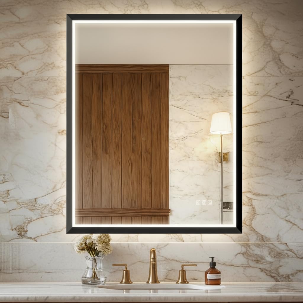 USHOWER 36X30 LED Bathroom Mirror with Lights, Black Aluminum Frame LED Mirror, Shatter-Proof, Anti-Fog, Stepless Dimmable, Memory Function, 3 Colors Smart Mirror for Bedroom, Powder Room, ETL