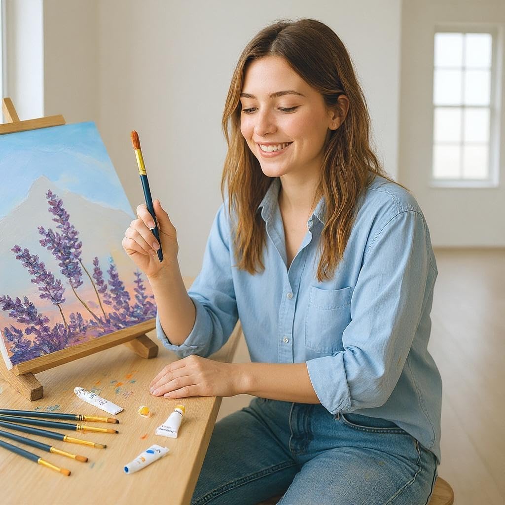 Kit Pintura Acrílica con Caballete de Mesa Madera Altura Ajustable 24 Colores 12 ml Lienzo 24x30 cm Paleta 6 Pinceles Set Artista para Principiantes y Adultos Montaje Rápido Regalo Creativo Clases DIY