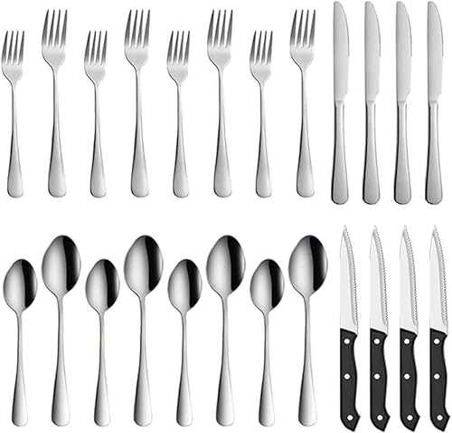 Juego de cubiertos de 24 piezas con cuchillos para carne, cubiertos de acero inoxidable, utensilios pulidos de espejo para 4, incluye tenedores,