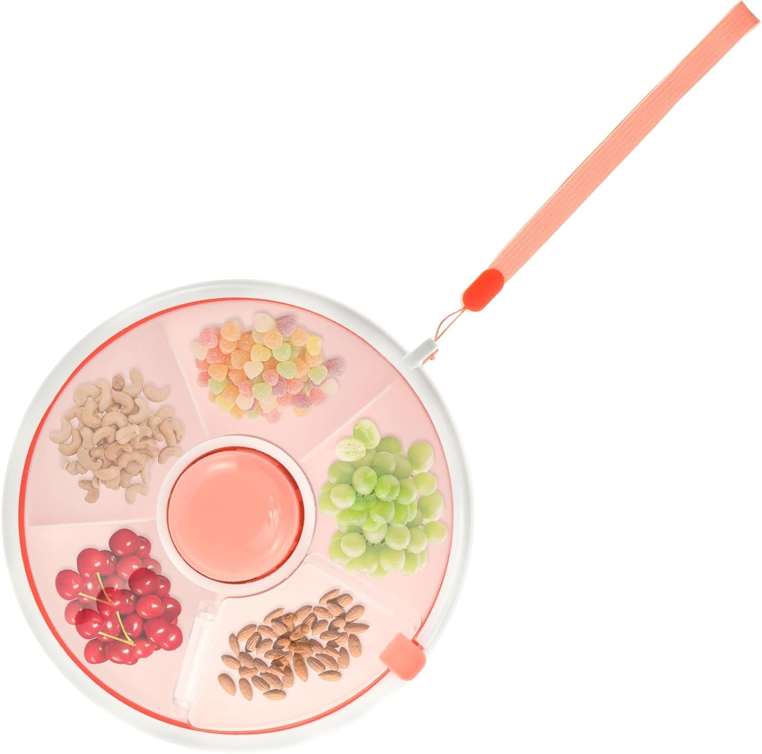 NIHUIFDPY Kids Snack Spinner Toddler Spinner Snack Box with 5 Compartments and Lid Portable Snacks Food Serving Tray Round Divided Kids Snacks Container for Candy Nut Picnic Travel(Pink)