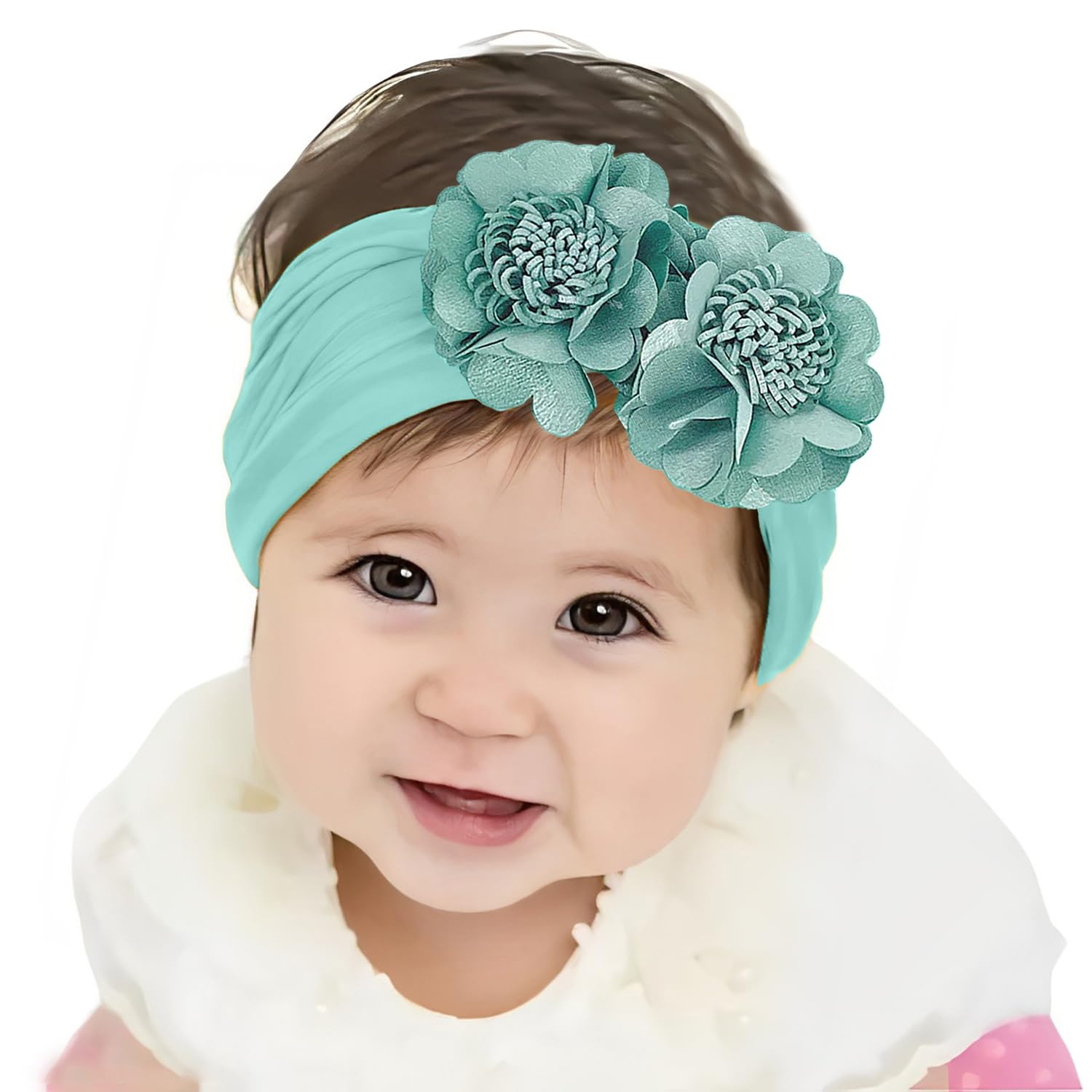 SYGA Baby Headband Nylon Double Flower Soft Stretchable Hairband for Newborn Infant Toddler Kids For 0-3 Year - Mint Green-image-43