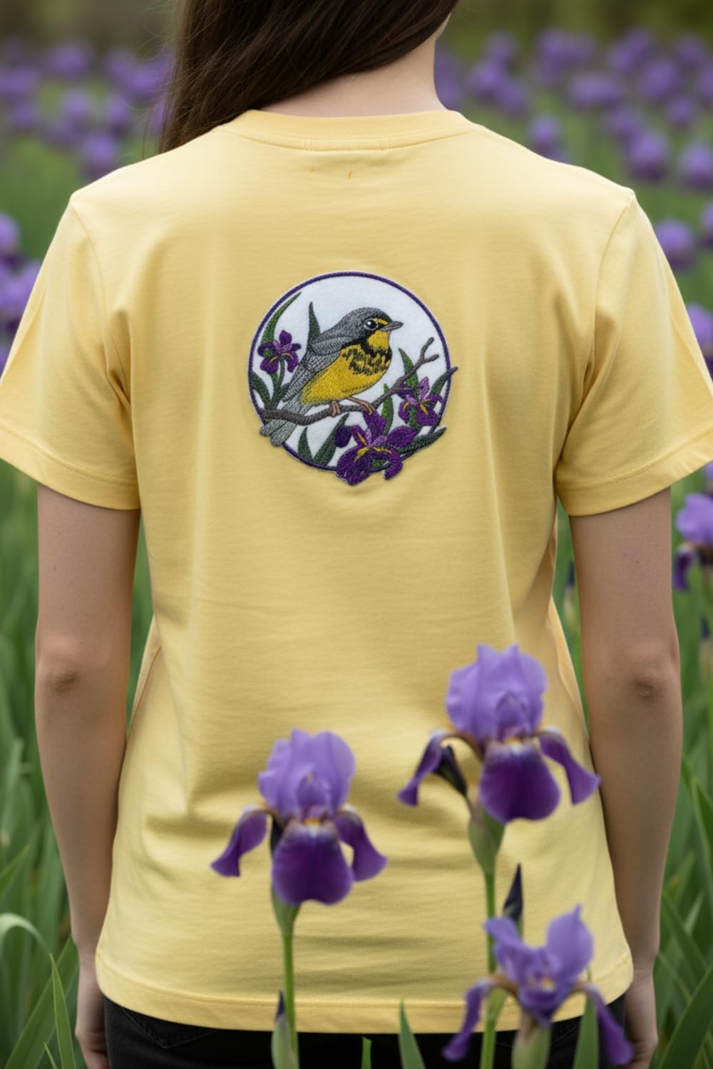 Nature Weaved in Threads, Amazing Birds Kingdom [Canada Warbler and Iris Circle [Custom and Unique] Embroidered Iron on/Sew Patch [5" *5"] [Made in USA]