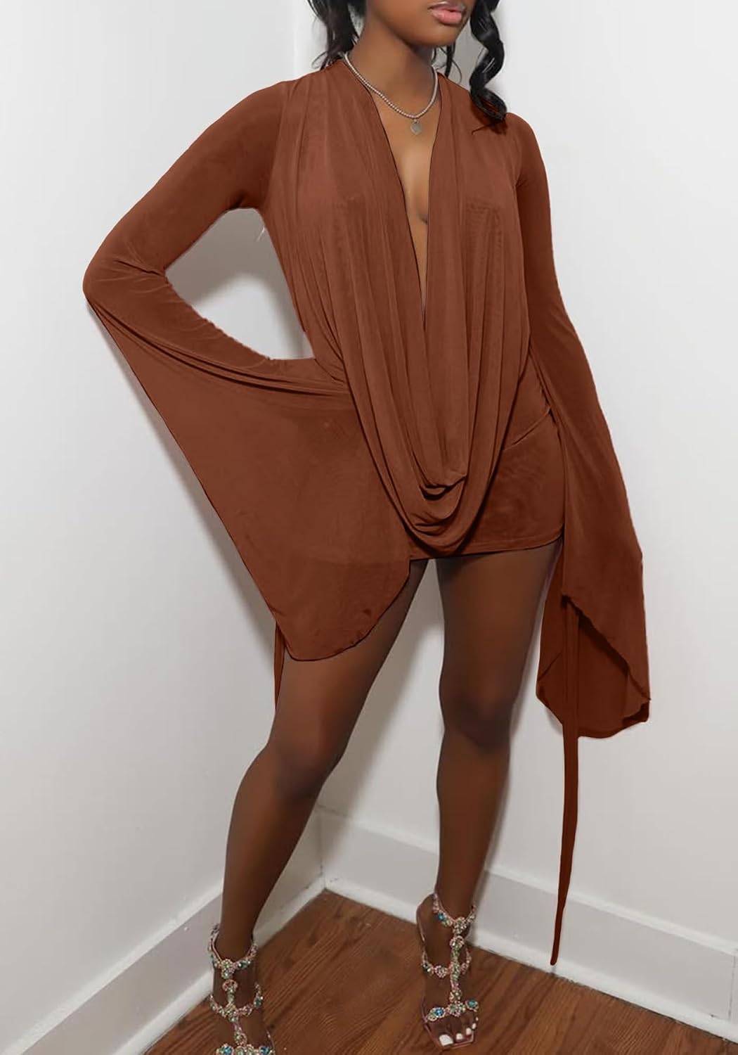 SHINFY Women Sexy Backless Mini Dress Draped Mesh Cowl Neck Long Sleeve Swing Going Out Birthday Dresses