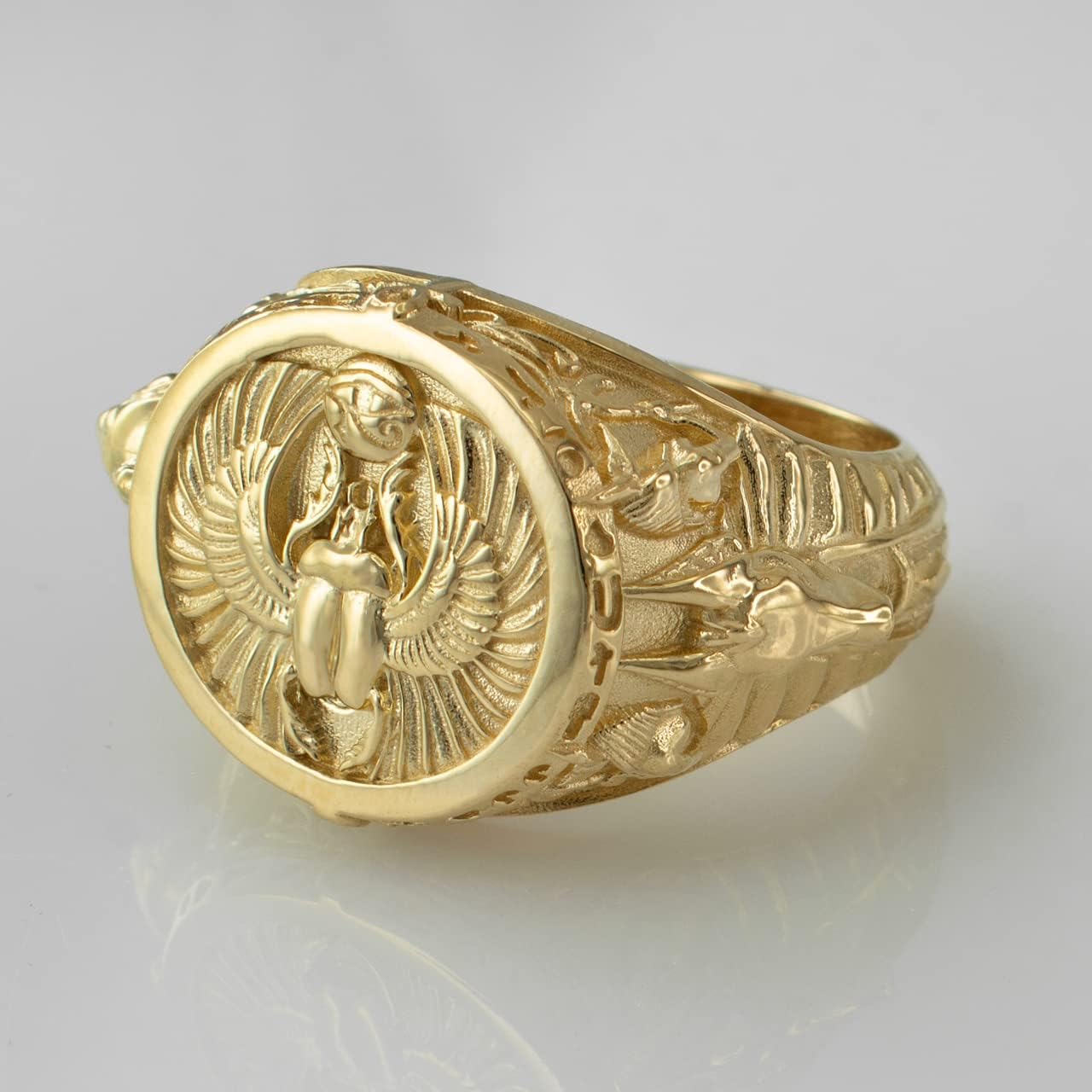 LA BLINGZ 14K Yellow Gold Ancient Egyptian Mythology Scarab Beetle Anubis Horus Ring