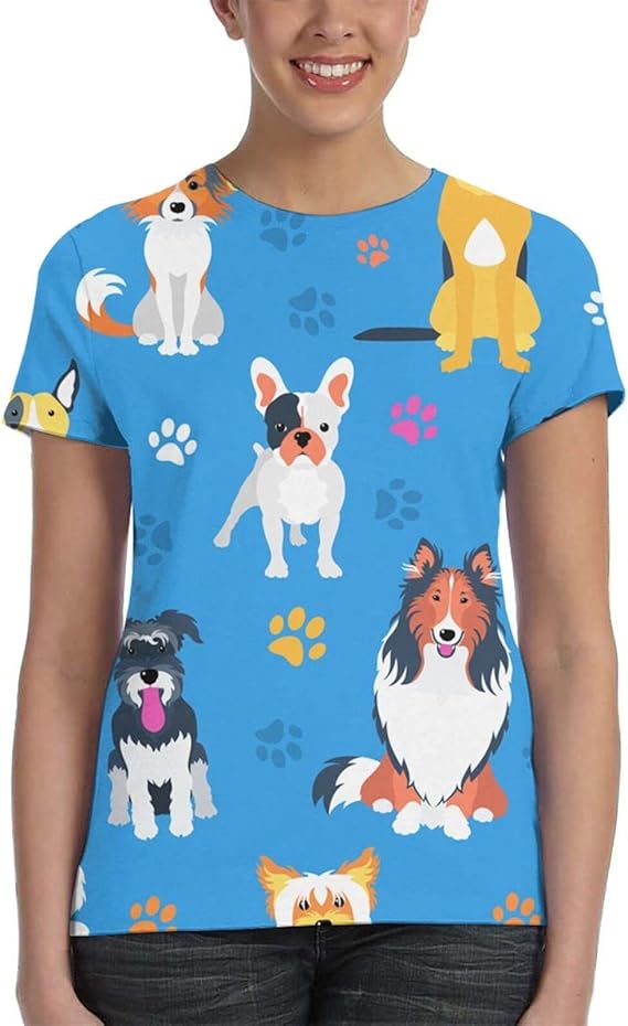 Amazon Co Jp Tシャツ 半袖 おしゃれ 丸首 スポーツ Tシャツ レディース 半袖 犬 足跡 青い背景 速乾 定番 プリント ショートスリーブtシャツ 柔らかい 快適 カジュアル おしゃれ レディース 服 春 夏 秋 冬 ファッション