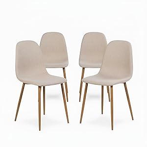 FurnitureR Juego de 4 sillas de Comedor tapizadas de Lino Minimalista, Silla Auxiliar sin Brazos Que Ahorra Espacio en la Cocina. Asiento con Respaldo Alto y Pata de Metal Roble Claro, Beige