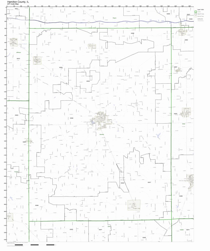Hamilton County, Illinois IL ZIP Code Map Not Laminated