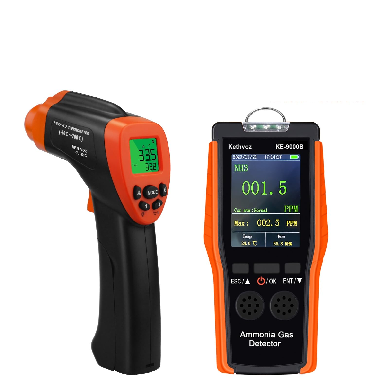 Ammoniak-Gasdetektor 0-100ppm Elektrochemischer Sensor + Infrarot-Thermometer -50℃-700℃, 16:1 Abstandsverhältnis für industrielle Sicherheit, Farmen & Labore, 9000B + 980G