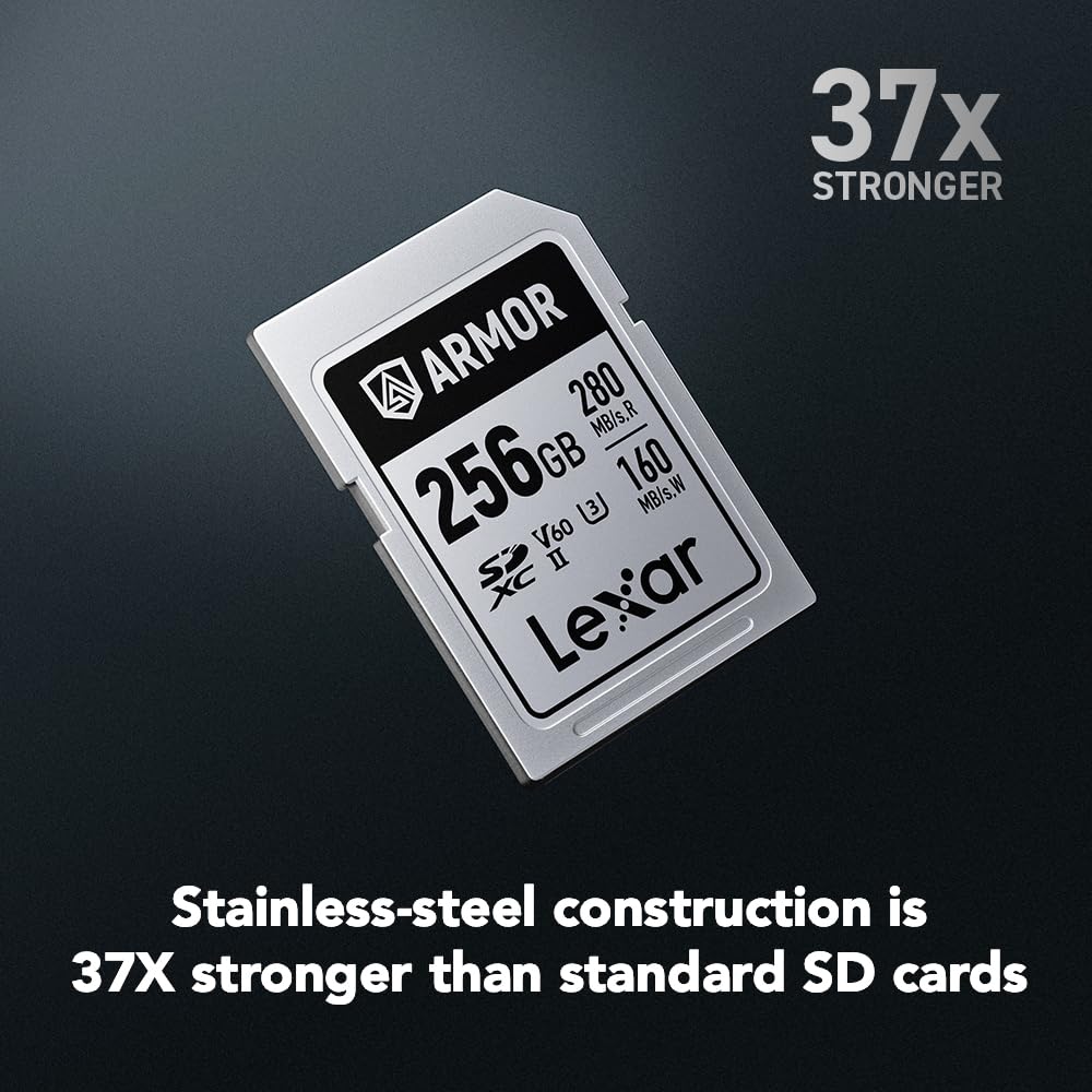 Lexar Armor Silver PRO SDXC - Scheda di memoria da 256 GB, UHS-II, C10, U3, V60, 6K UHD, fino a 280 MB/s in lettura, in acciaio inossidabile, per fotografi professionisti, videografi e appassionati