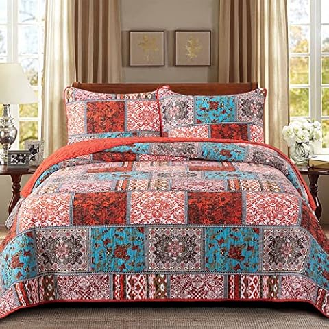 NEWLAKE Cotton Bedspread Quilt Sets-Reversible Patchwork Coverlet Set, Mediterranean Classic Bohemian Pattern, Bundle Cover