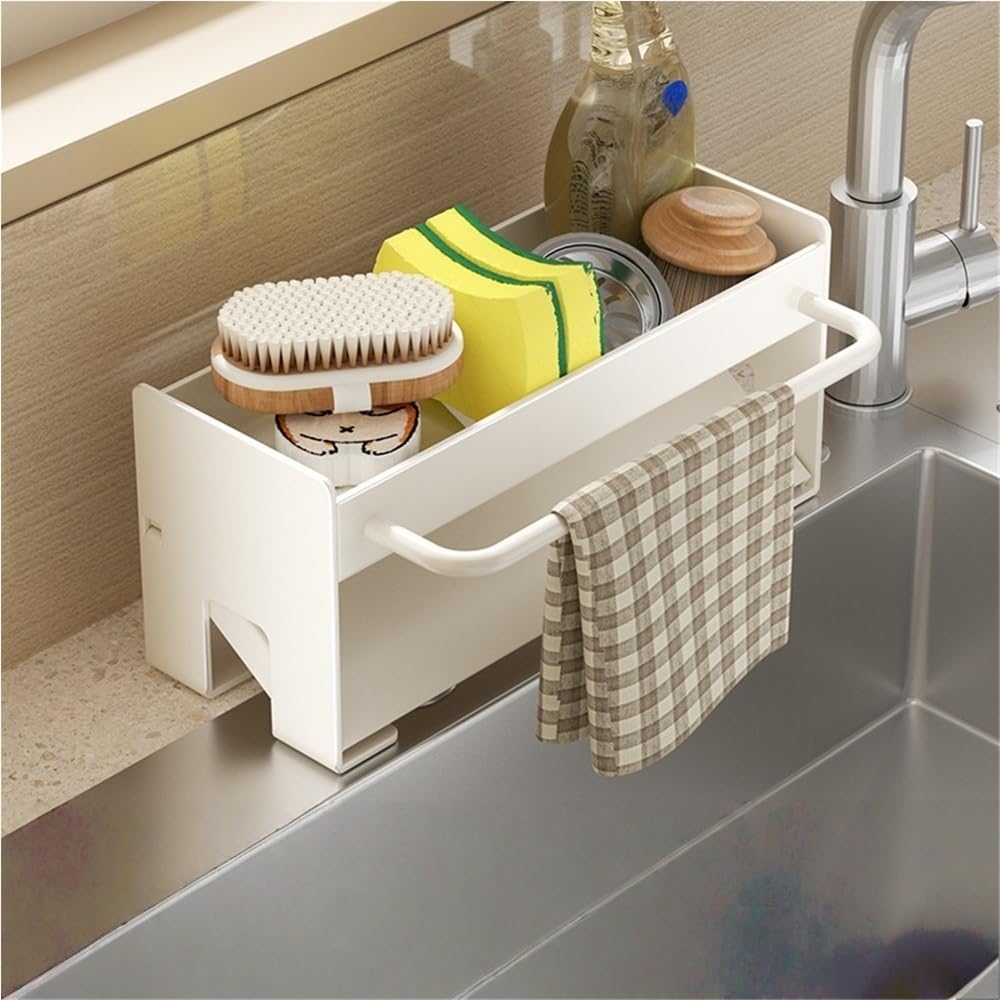 Sink Caddy Soap Organizer Metal Sink Holder with Tilt Drain Pan Soap Dispenser with Hanging Rod Sink Drying