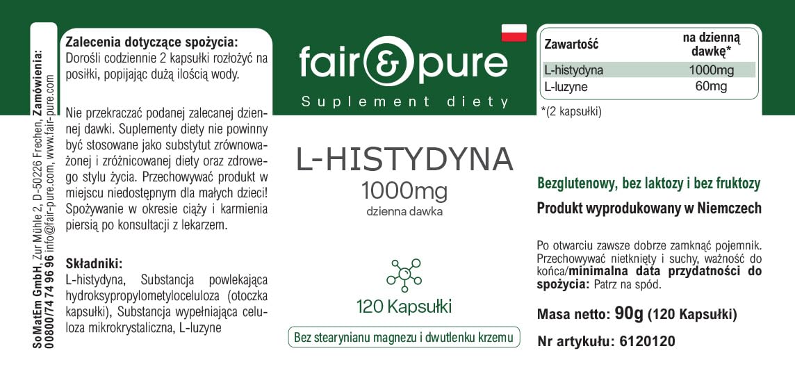 Fair & Pure L-Histidin 1000mg, 120 Kapseln, Aminosäure, veganes Nahrungsergänzungsmittel ohne Zusätze, in Deutschland hergestellt (Packung mit 2)