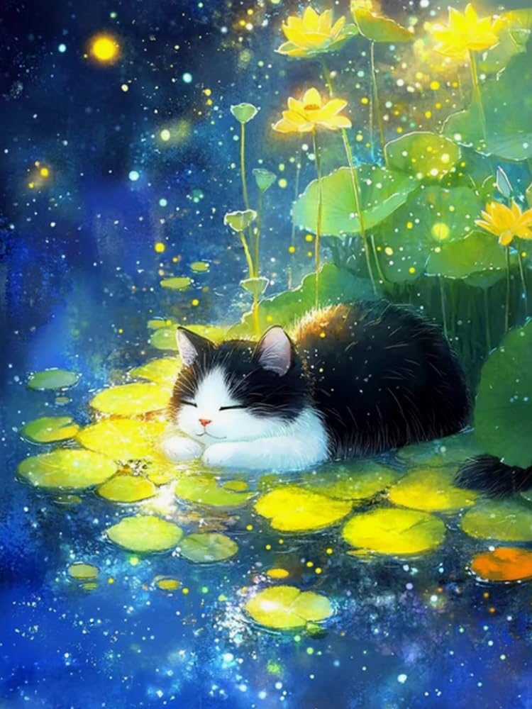 Brennora Stamped Cross Stitch Kits for Adults Lotus Cat 11CT Counted Cross-Stitch Embroidery Patterns Beginners Home Decor 16x20 inch