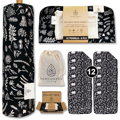 homeostasis living Reusable Paper Towels with Wash Bag | Charcoal Black 12 x Washable Eco Friendly Paperless Paper Towels Napkins Cloth Kitchen Washable Reusable Paper Towel Roll Cover