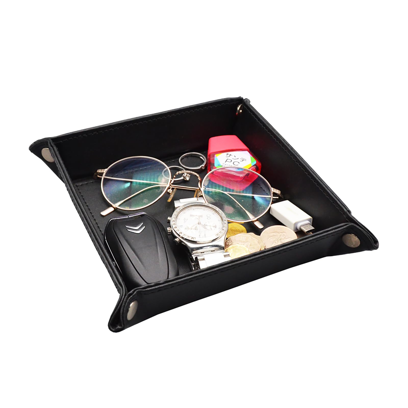 Aolaso Women's Black Valet Tray, Pu Leather Tray Jewelry Catchall Coin Tray For Key Wallet Phone Watches Candy, Mens Desktop Trinket Bedside Organizer Tray