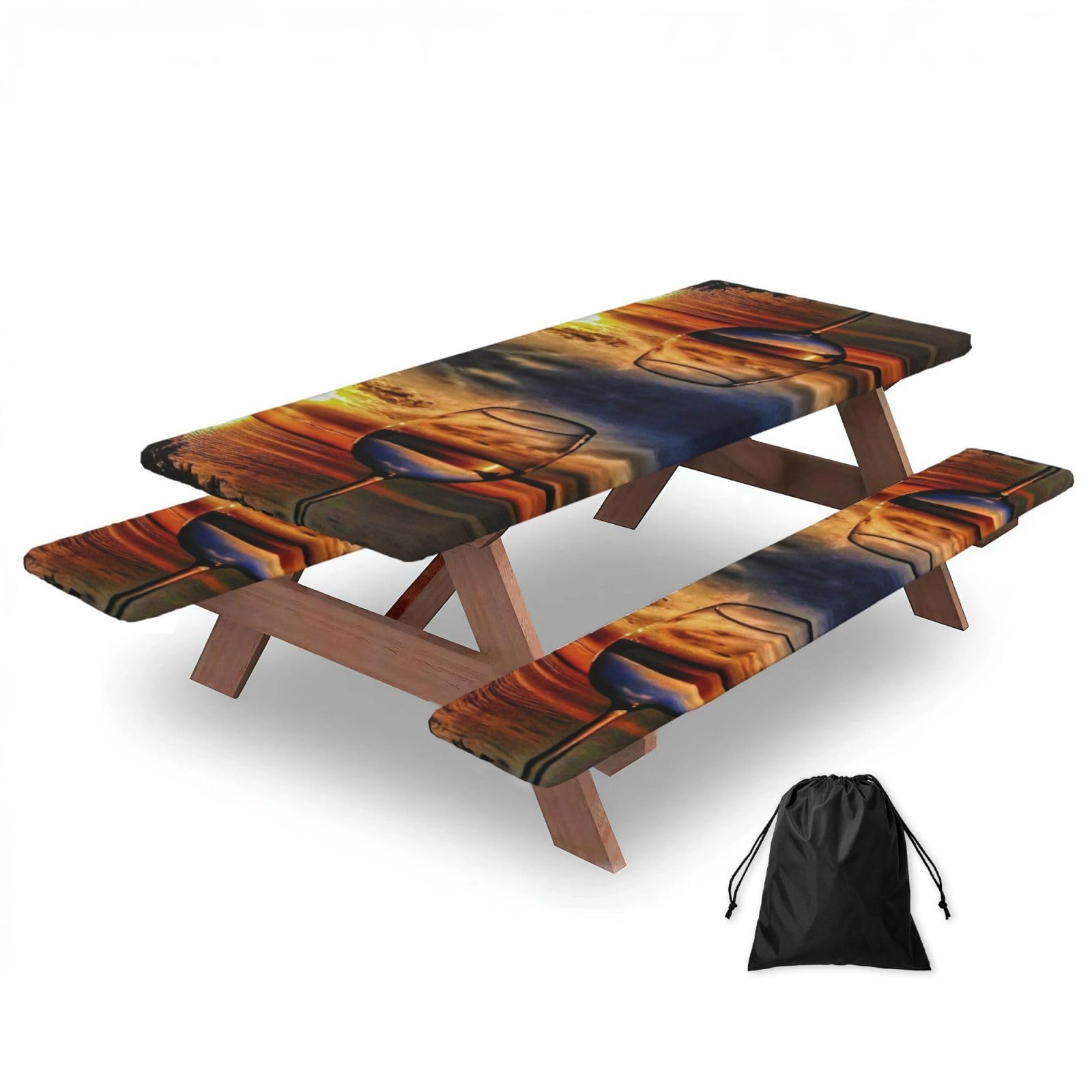 Zyjhyy Black Sunset Wine Glass Print 3 Pack Wipeable Picnic Bench Cover And Table Cover Lightweight Table Cloth For Camping Outdoor