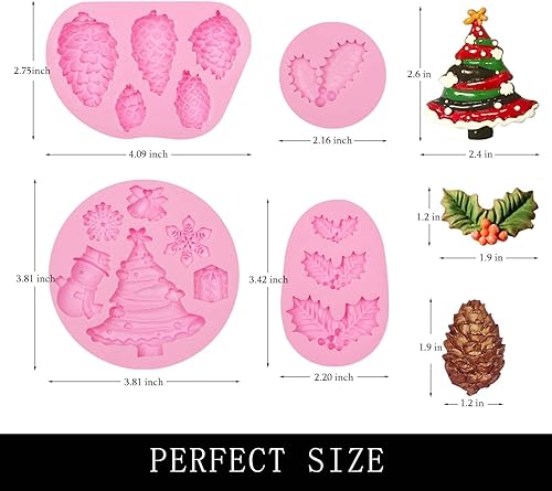 Miniatura 2 de Muyulin Moldes de silicona de hoja de acebo, 4 paquetes de conos de pino de Navidad, moldes de fondant para decoración de pasteles de Navidad,