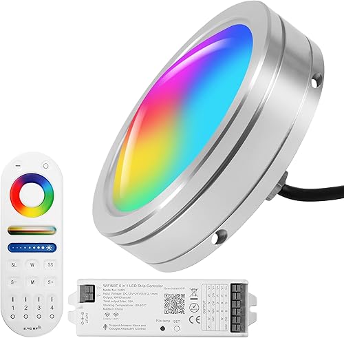 HUSUKU RS3 - Enchufe de drenaje RGB de 4.5 pulgadas, 24 LED para barco bajo el agua y R1 2.4 G RF control remoto y mando inalámbrico S1