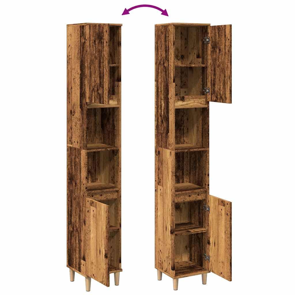 Tocador de baño 30 x 30 x 190 cm, madera vieja, mueble de baño con 6 compartimentos y 2 puertas, patas de madera maciza, armario para debajo del lavabo en aspecto vintage para pequeños baños