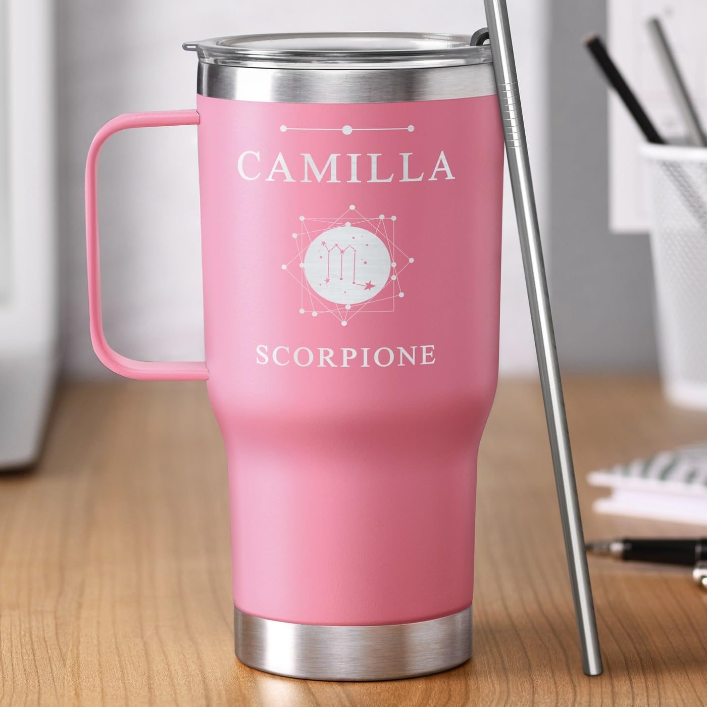 Maverton Tazza termica con manico e cannuccia 600ml - Borraccia con cannuccia acciaio inox - Bicchiere termico rosa - Tazza personalizzata per viaggio accessori utili - Idee regalo donna compleanno