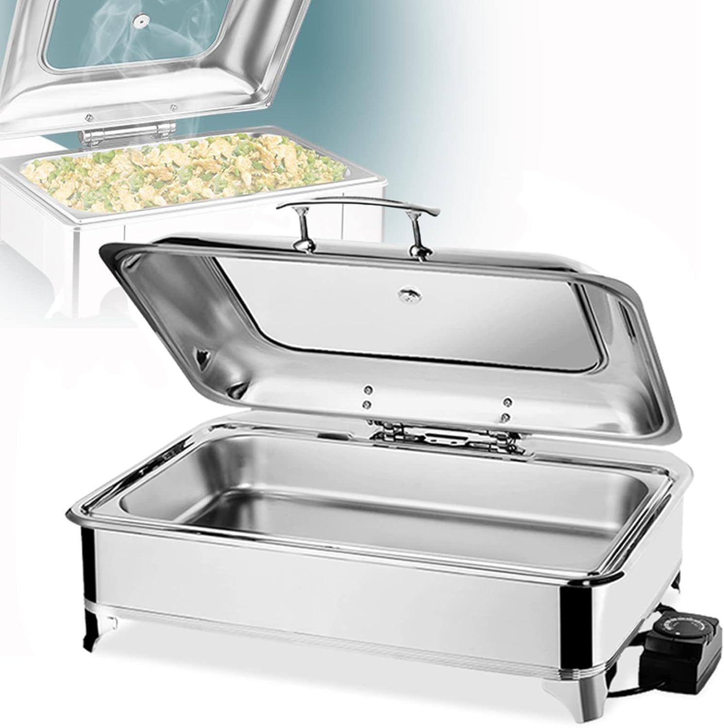 Set di scaldavivande per buffet, catering, professionale, con coperchio in vetro e padella in acciaio inox, scaldavivande elettrico, per feste, matrimoni, banchetti