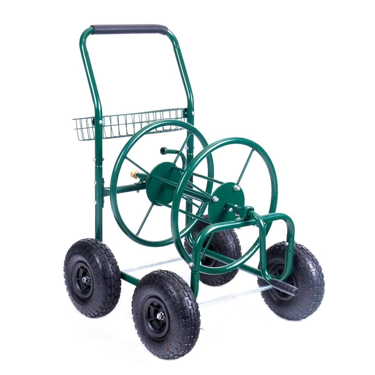 HydroSure Heavy Duty Hose Reel Cart 150m with Basket | Large Capacity Metal Storage System with Wheeled Frame and Easy Wind Operation for Garden Irrigation Use