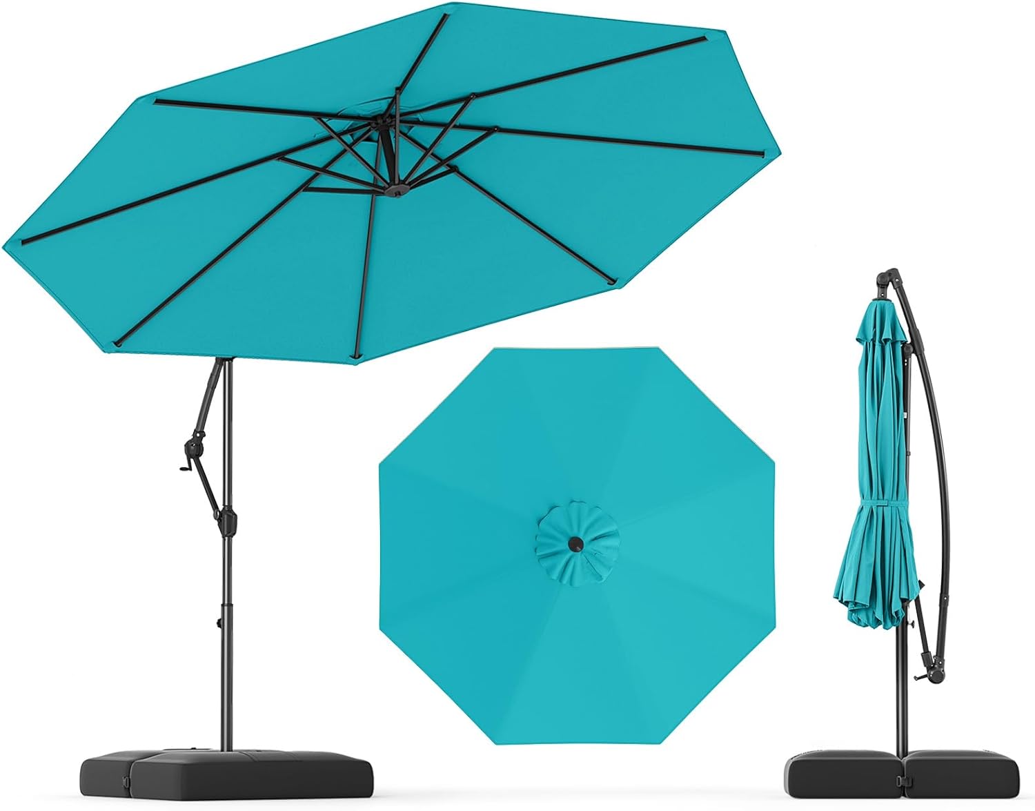 HAPPYGRILL 10 FT Patio Umbrella with Base, Outdoor Offset Cantilever Umbrella w/2 Sandbags, Tilt Adjustment, 360° Rotation, Crank Handle, Hanging Market Parasol for Garden Backyard Pool Deck