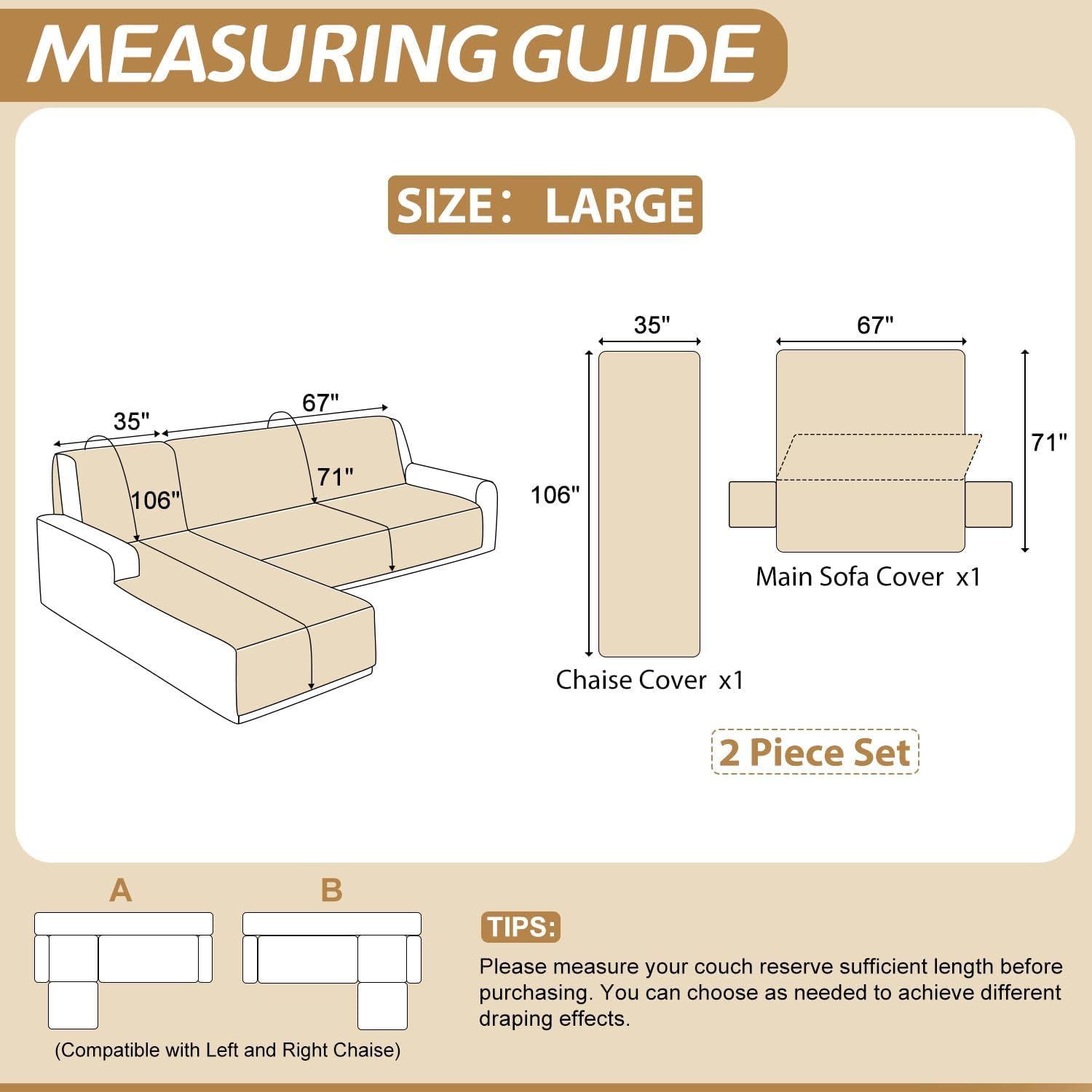 ALIECOM Sectional Couch Covers 100% Waterproof L Shape Sofa Cover Washable 2 Piece Printed Sectional Slipcovers with Chaise Pet Friendly Furniture Protector for Dogs (Large, Checkered Khaki)