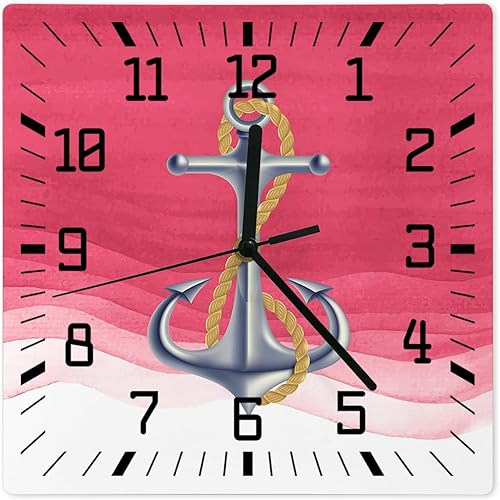 Anchor Pink Wooden Wall Clock Silent Non Ticking, Nautical Coastal Ombre Ripple Ocean Theme Square Wall Clock Battery Operated, Decor Clock for Home
