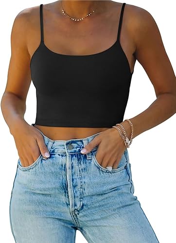 REORIA Camiseta sin mangas sexy con tirantes delgados ajustables y doble forro sin costuras para yoga