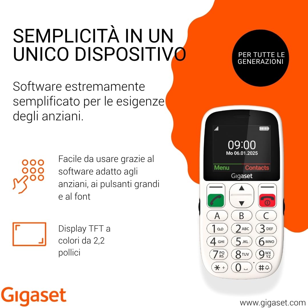 Gigaset GL395 Telefono Cellulare - Per degli anziani - tasti grandi e pulsante di emergenza SOS - Resistente a polvere e spruzzi d'acqua - Senza contratto - Display TFT a colori, Bianco perla