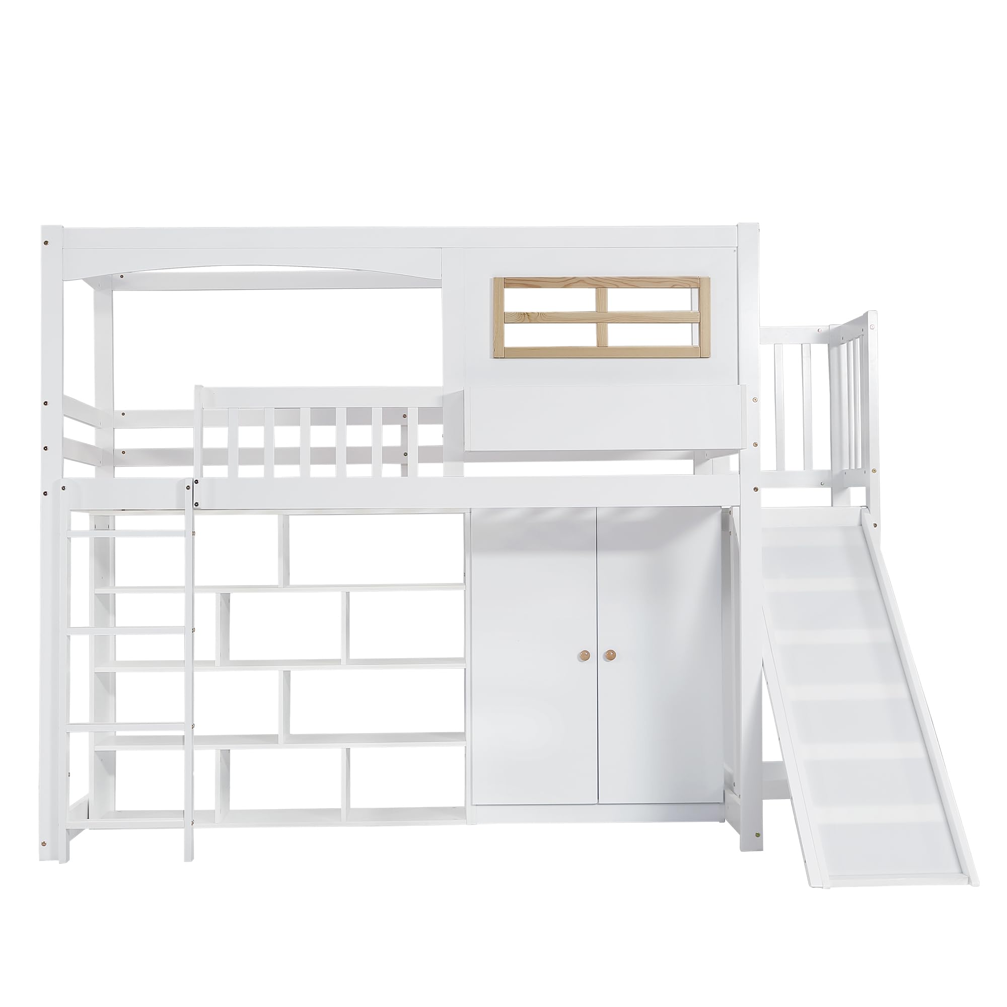 Merax Etagenbett 90x200cm, Kinderbett Hochbett mit Rutsche & Kleiderschrank & Regale, Platzsparendes Stockbett Hausbett mit Lattenrost & Rausfallschutz, Praktisches Jugendbett, Ohne Matratze, Weiß