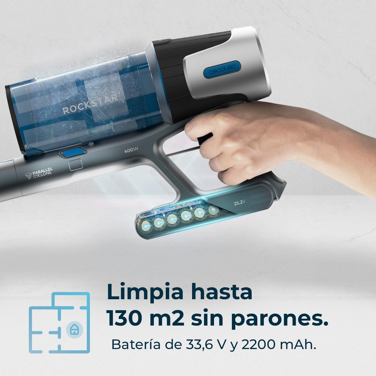 Cecotec Aspiradora Escoba sin Cable 60kPa-400W-120AW-60mins de Autonomía en Modo Eco - Conga Rockstar RS50 X-Treme. Motor de 400W, Tubo Rígido y Cepillo Mixto XL, Limpia hasta 130m2