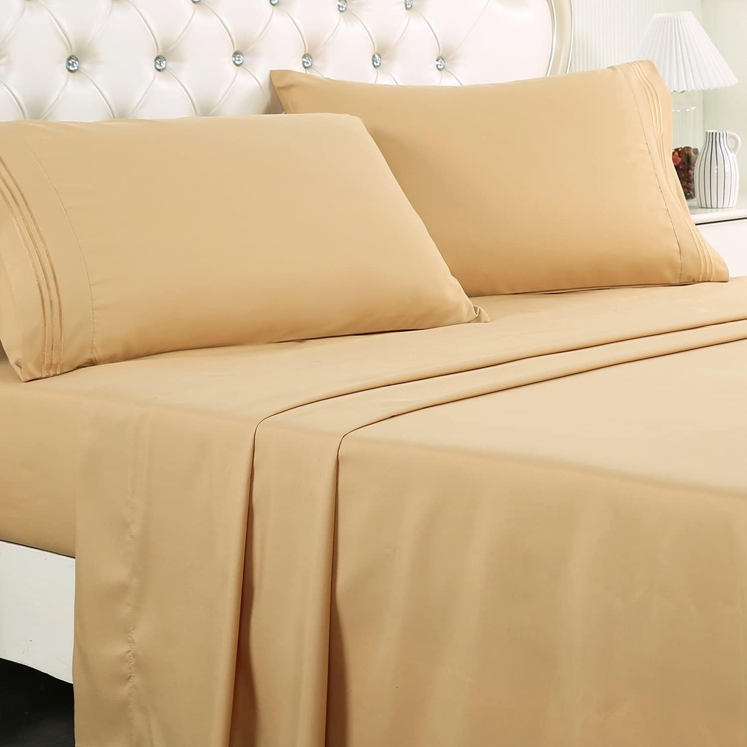 LA NIIRA Bedding Sheets & Pillowcases College Room Cover Set Bed Sheets Cover Set Microfiber Sheet Set Breathable Wrinkle Free(Queen, Beige)