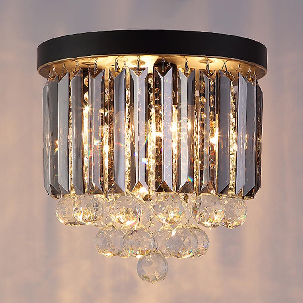 Jadssox Crystal Ceiling Light Fixture Modern Crystal Chandelier E14 Base Ceiling Light for Porch Entrance, Semi Flush Mount Hallway Ceiling Light Fixture Close to Ceiling Mount Light, Black