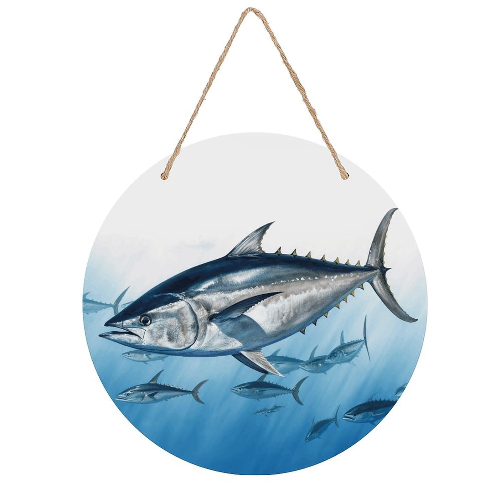 FekiLoot Bluefin Tuna Thunnus Wall Art Decor Round Wood Hanging Sign Decoration Wooden Circle Door Sign Round Hanging Decorative Wood Plaque Door Hanger for Home Outdoor Indoor Decoration