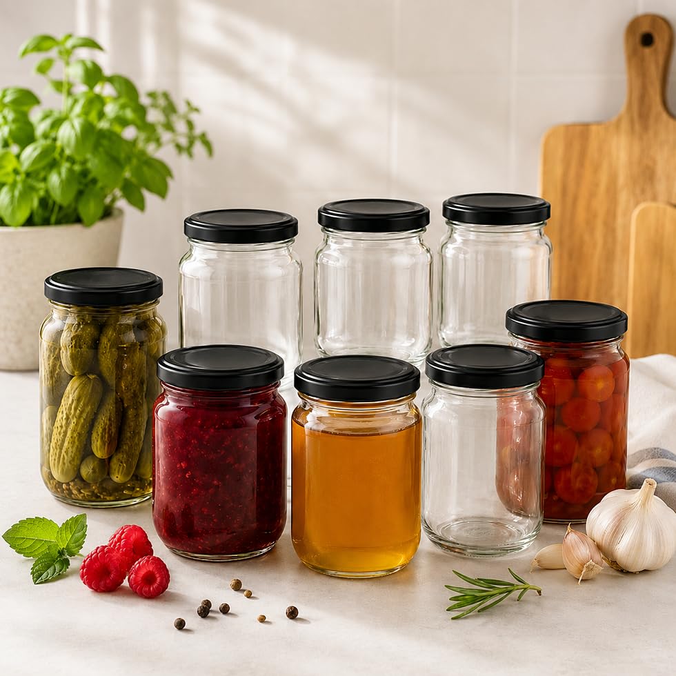 Słoiki na przetwory 540 ml z czarną pokrywką, zestaw 82-48 szt. – słoiki do wekowania i fermentacji – słoiki zakręcane do dżemu i przechowywania zapasów – 115 x 90 mm