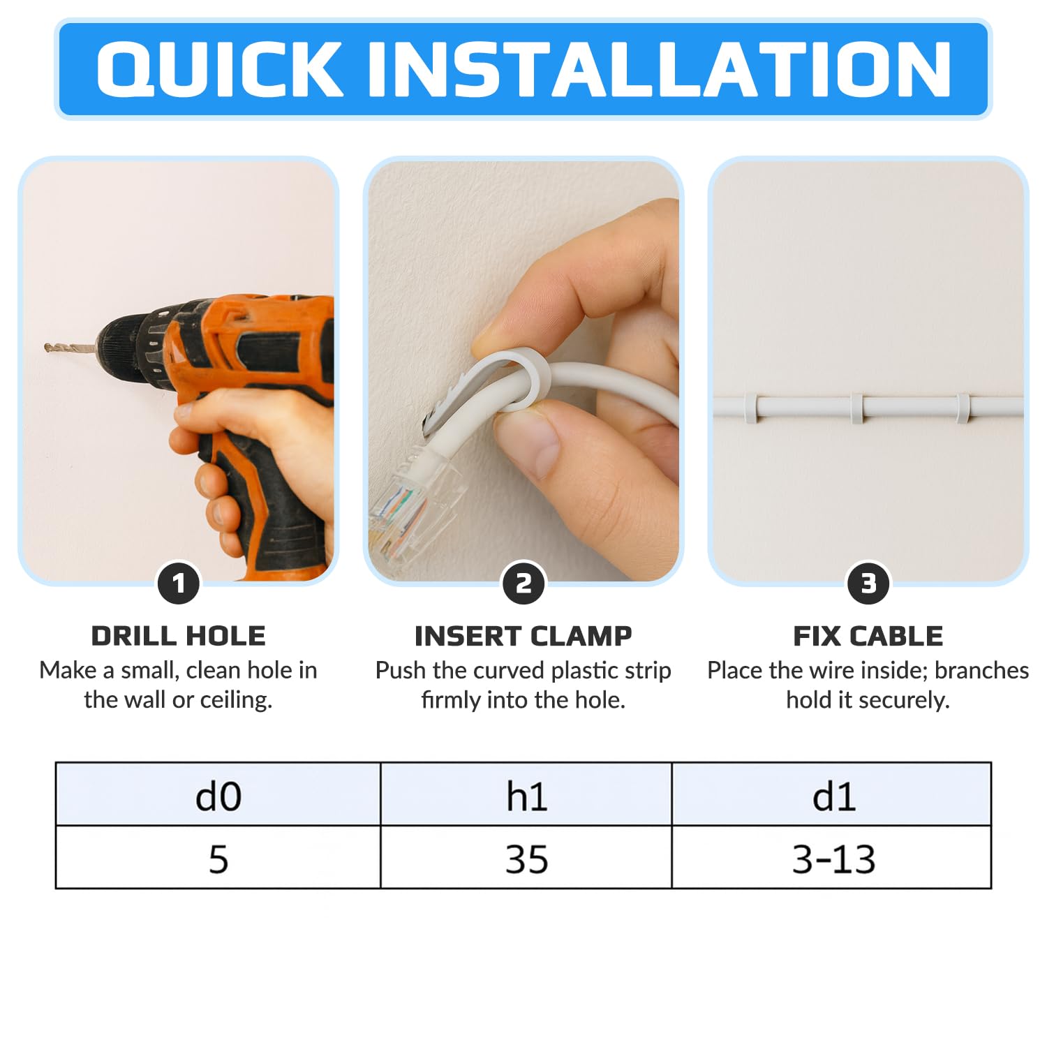 Keple Abrazadera para Cable Redondo (Paquete de 100) Clips de Material Plástico Blando Abrazadera de Cable Clips Lines Clamps Cable Eléctrico de Pared para el Cable de Ethernet Tamaño (3mm x 13mm)