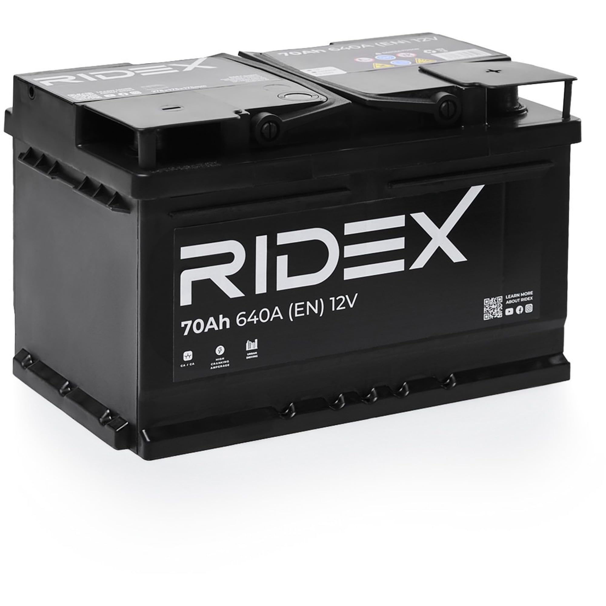 RIDEX 1S0039 Batterie 12V 70Ah 640A B13 Batterie au plomb, avec poignets, sans jauge de niveau Compatible avec RENAULT Clio 3 3/5 portes BR0/1, CR0/1 Clio 2 3/5 portes BB, CB, BB0/1/2, CB0/1/2, FORD